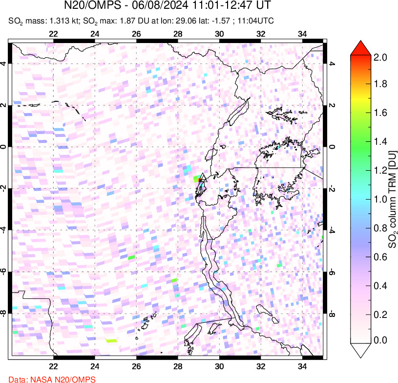 A sulfur dioxide image over Nyiragongo, DR Congo on Jun 08, 2024.