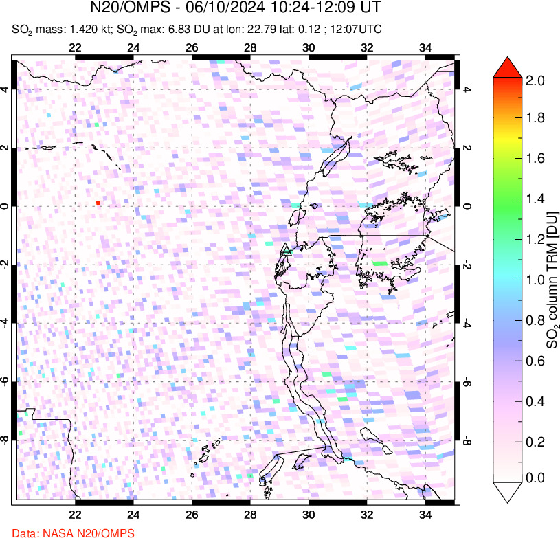 A sulfur dioxide image over Nyiragongo, DR Congo on Jun 10, 2024.