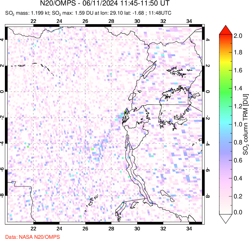 A sulfur dioxide image over Nyiragongo, DR Congo on Jun 11, 2024.