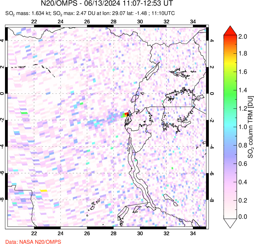 A sulfur dioxide image over Nyiragongo, DR Congo on Jun 13, 2024.