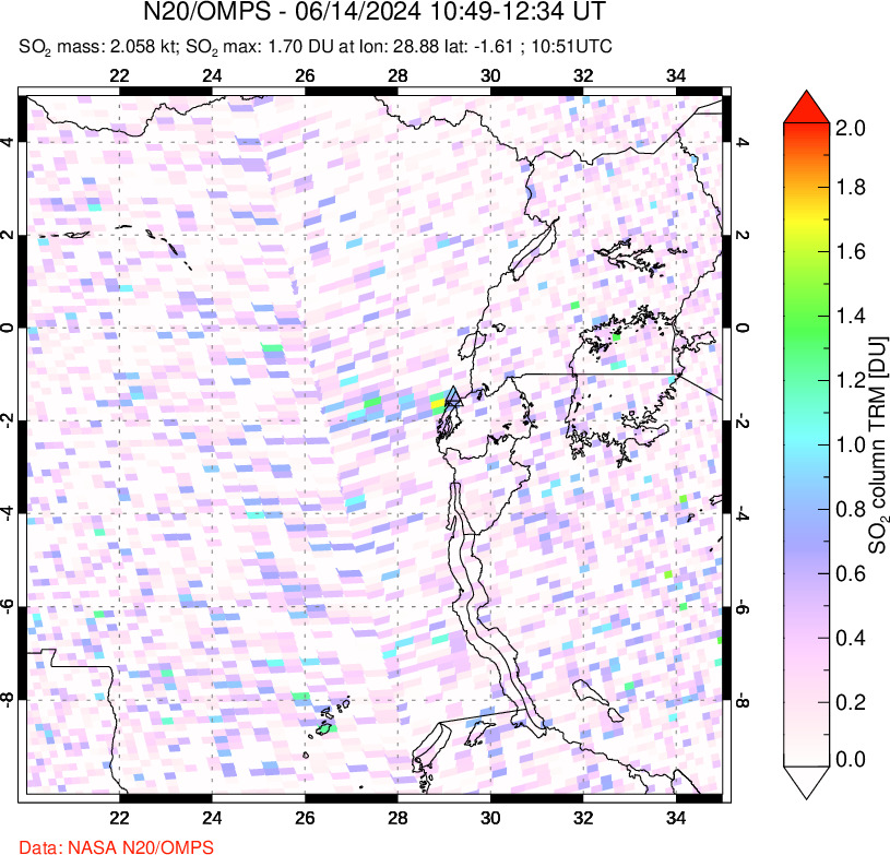 A sulfur dioxide image over Nyiragongo, DR Congo on Jun 14, 2024.