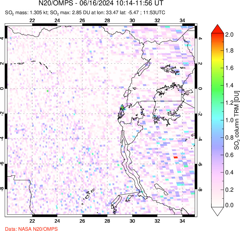 A sulfur dioxide image over Nyiragongo, DR Congo on Jun 16, 2024.