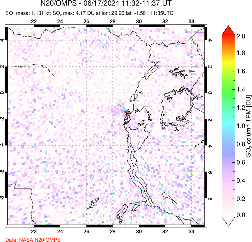 A sulfur dioxide image over Nyiragongo, DR Congo on Jun 17, 2024.