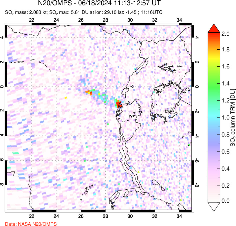 A sulfur dioxide image over Nyiragongo, DR Congo on Jun 18, 2024.