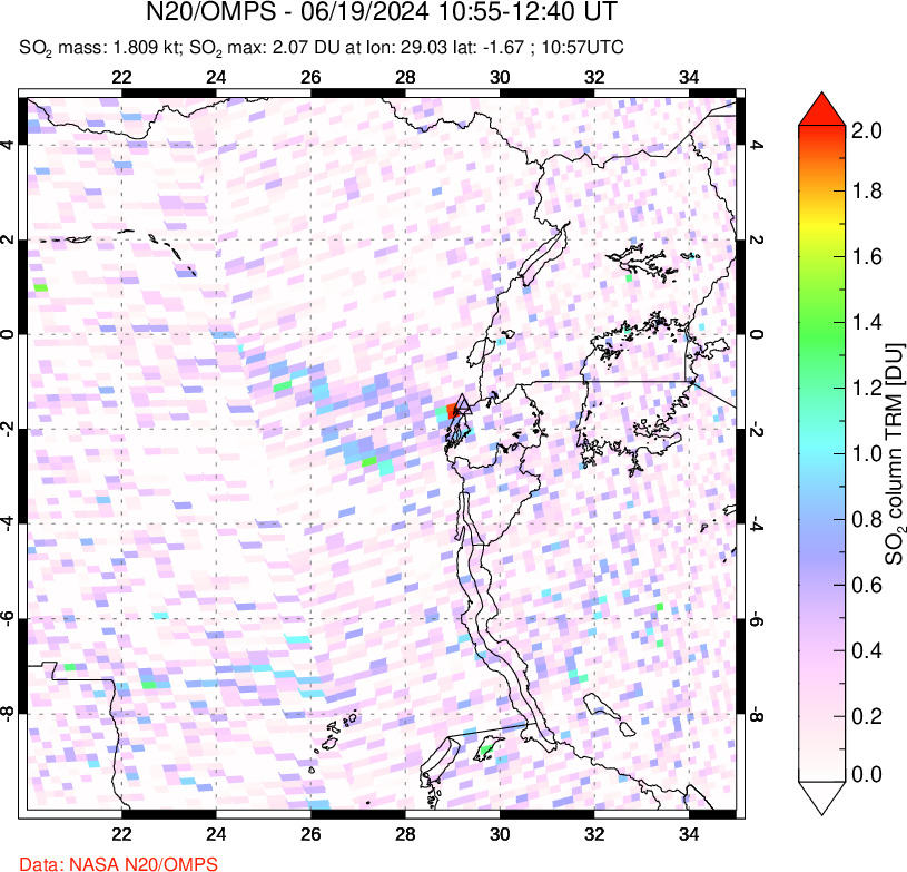 A sulfur dioxide image over Nyiragongo, DR Congo on Jun 19, 2024.