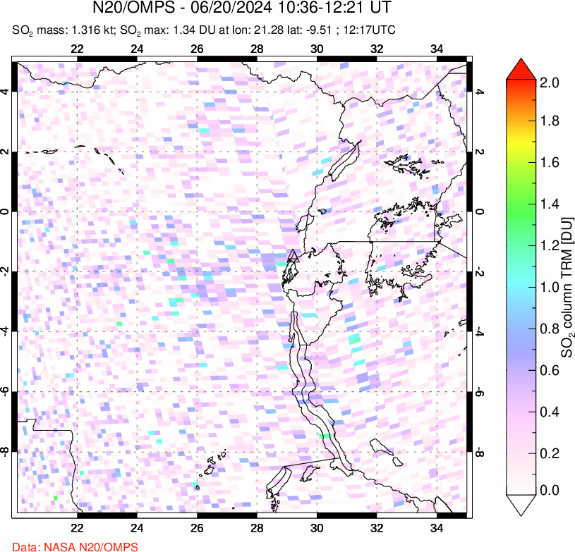 A sulfur dioxide image over Nyiragongo, DR Congo on Jun 20, 2024.