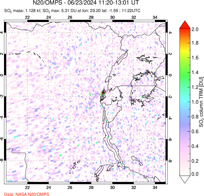 A sulfur dioxide image over Nyiragongo, DR Congo on Jun 23, 2024.