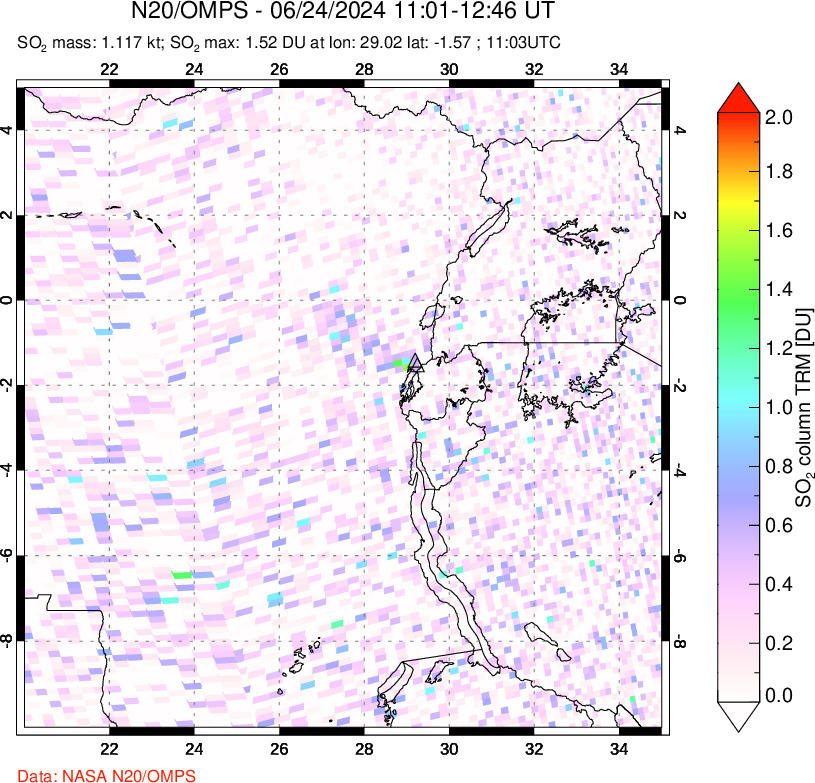 A sulfur dioxide image over Nyiragongo, DR Congo on Jun 24, 2024.