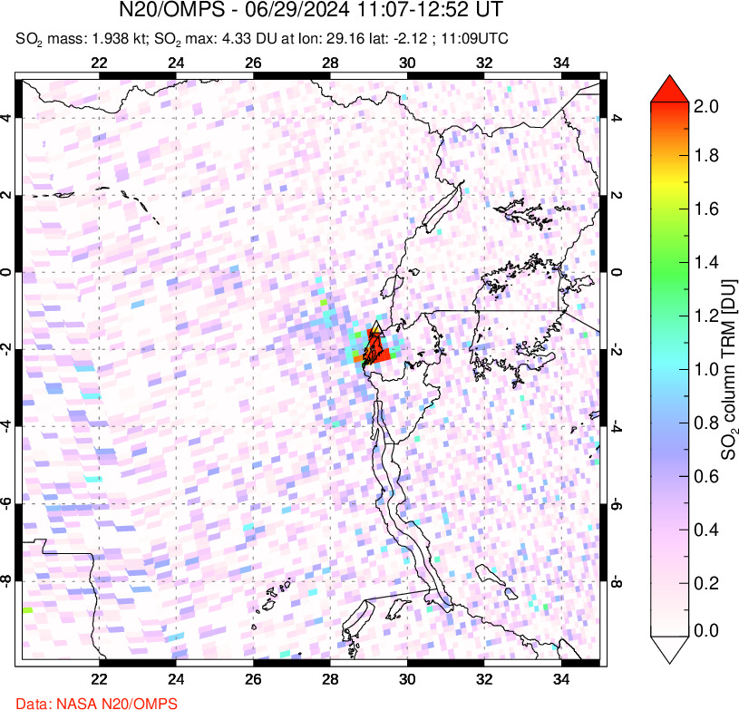 A sulfur dioxide image over Nyiragongo, DR Congo on Jun 29, 2024.