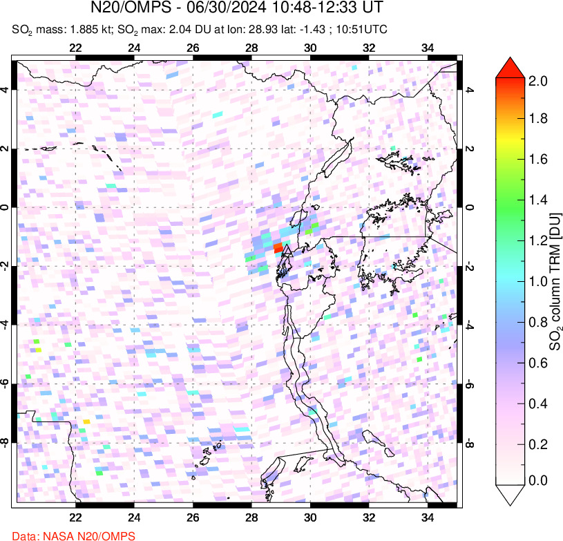 A sulfur dioxide image over Nyiragongo, DR Congo on Jun 30, 2024.