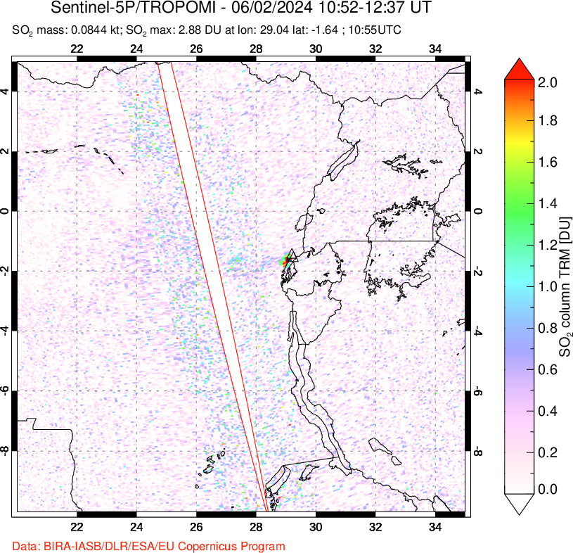 A sulfur dioxide image over Nyiragongo, DR Congo on Jun 02, 2024.