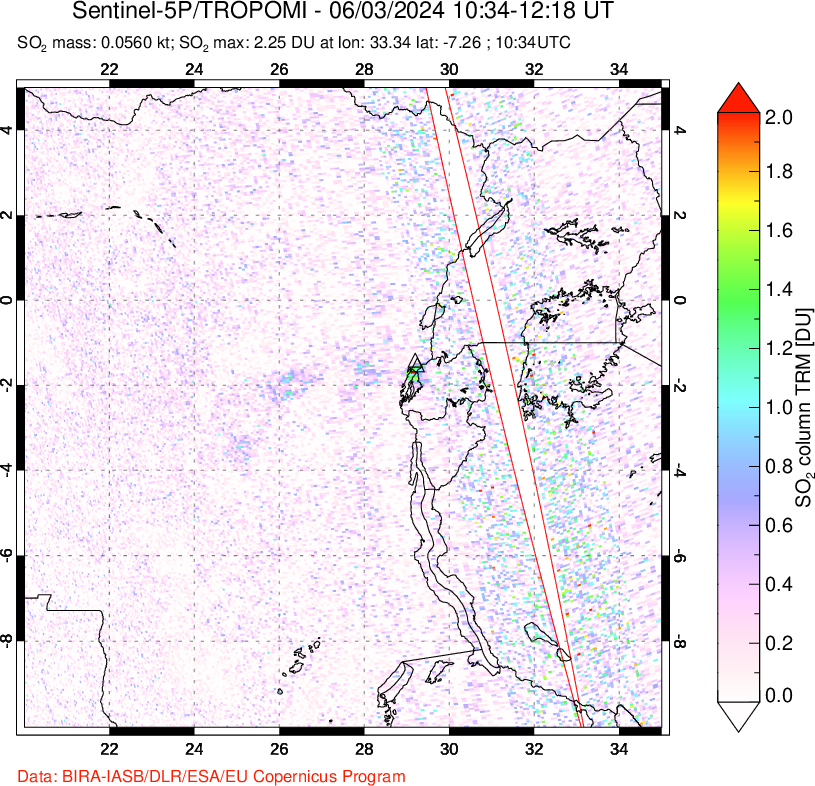 A sulfur dioxide image over Nyiragongo, DR Congo on Jun 03, 2024.