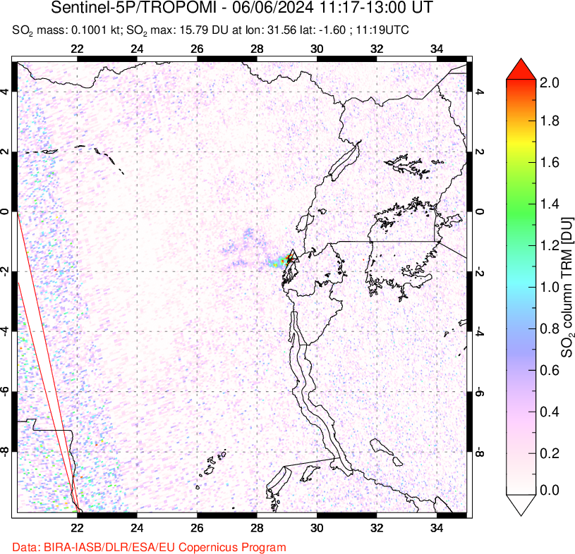 A sulfur dioxide image over Nyiragongo, DR Congo on Jun 06, 2024.