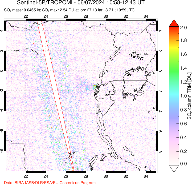 A sulfur dioxide image over Nyiragongo, DR Congo on Jun 07, 2024.