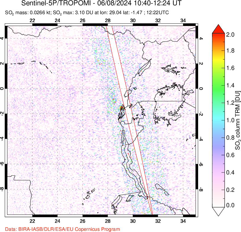 A sulfur dioxide image over Nyiragongo, DR Congo on Jun 08, 2024.