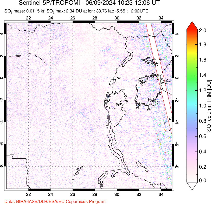 A sulfur dioxide image over Nyiragongo, DR Congo on Jun 09, 2024.