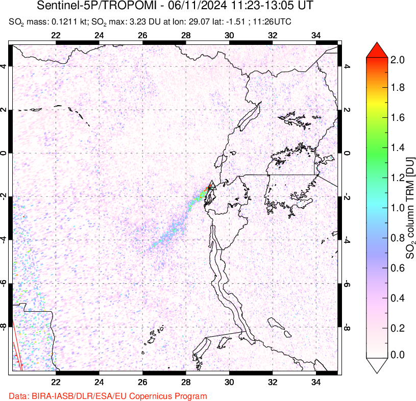 A sulfur dioxide image over Nyiragongo, DR Congo on Jun 11, 2024.