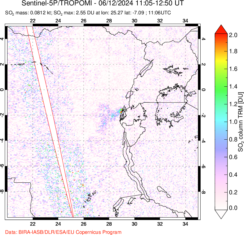 A sulfur dioxide image over Nyiragongo, DR Congo on Jun 12, 2024.