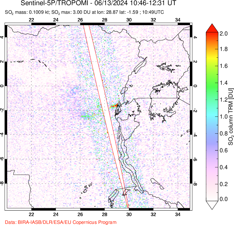 A sulfur dioxide image over Nyiragongo, DR Congo on Jun 13, 2024.