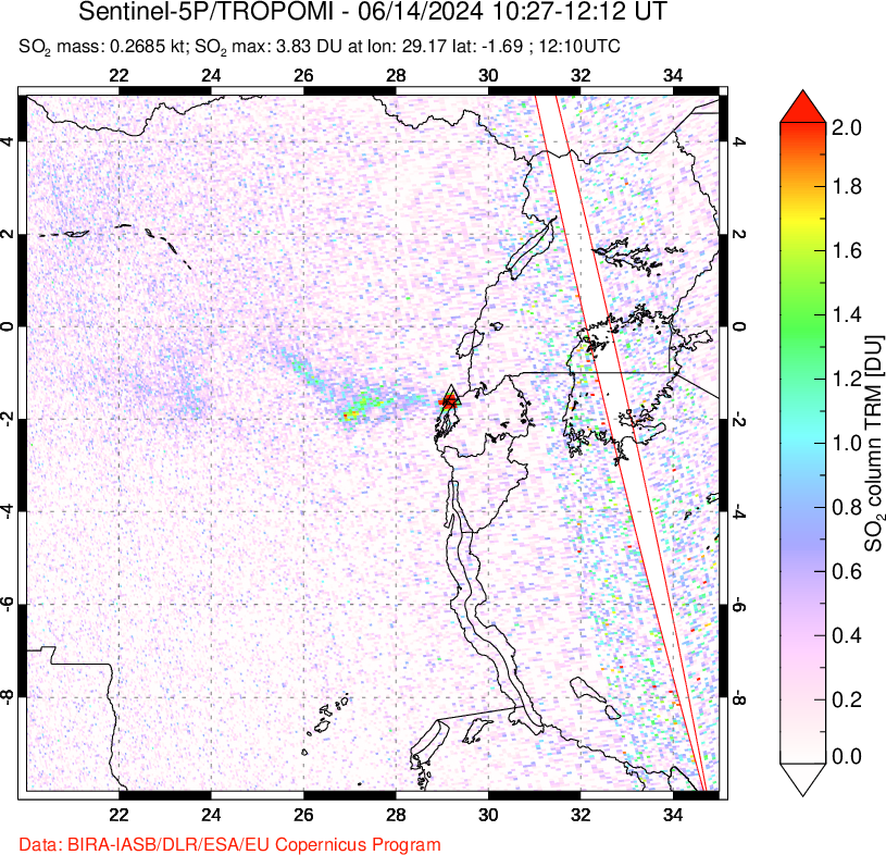 A sulfur dioxide image over Nyiragongo, DR Congo on Jun 14, 2024.