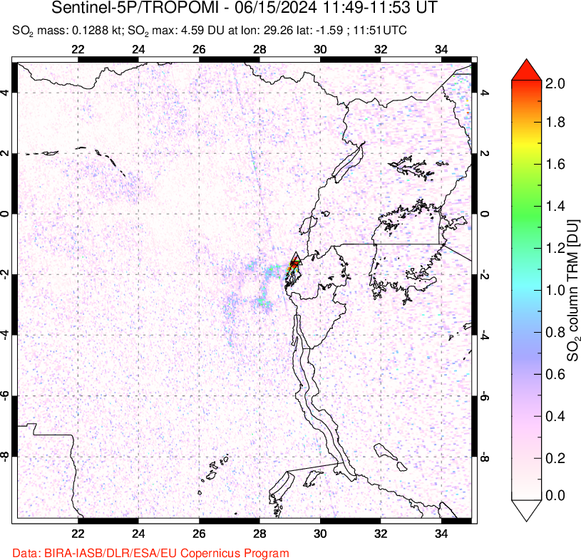 A sulfur dioxide image over Nyiragongo, DR Congo on Jun 15, 2024.