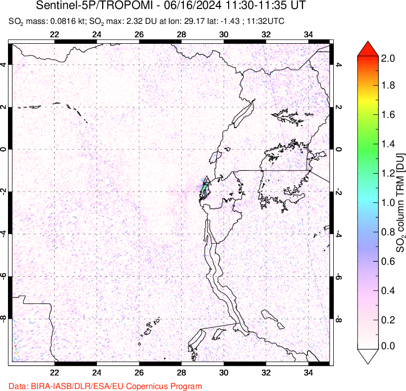 A sulfur dioxide image over Nyiragongo, DR Congo on Jun 16, 2024.