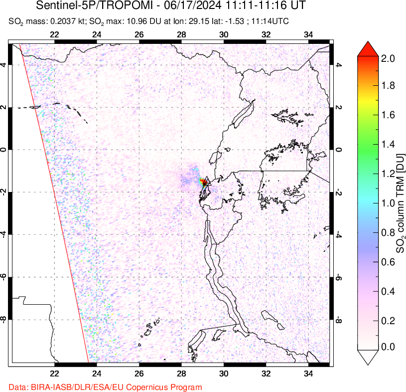 A sulfur dioxide image over Nyiragongo, DR Congo on Jun 17, 2024.