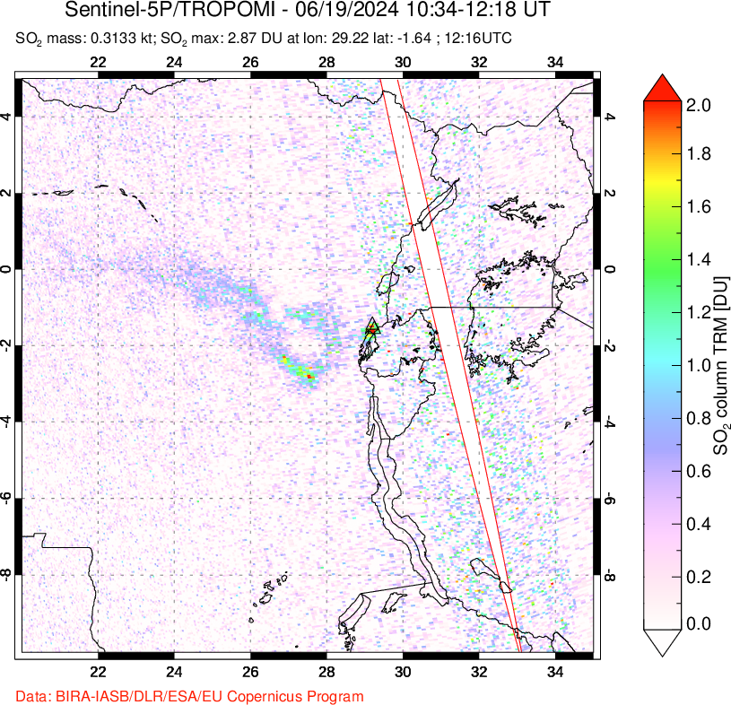 A sulfur dioxide image over Nyiragongo, DR Congo on Jun 19, 2024.