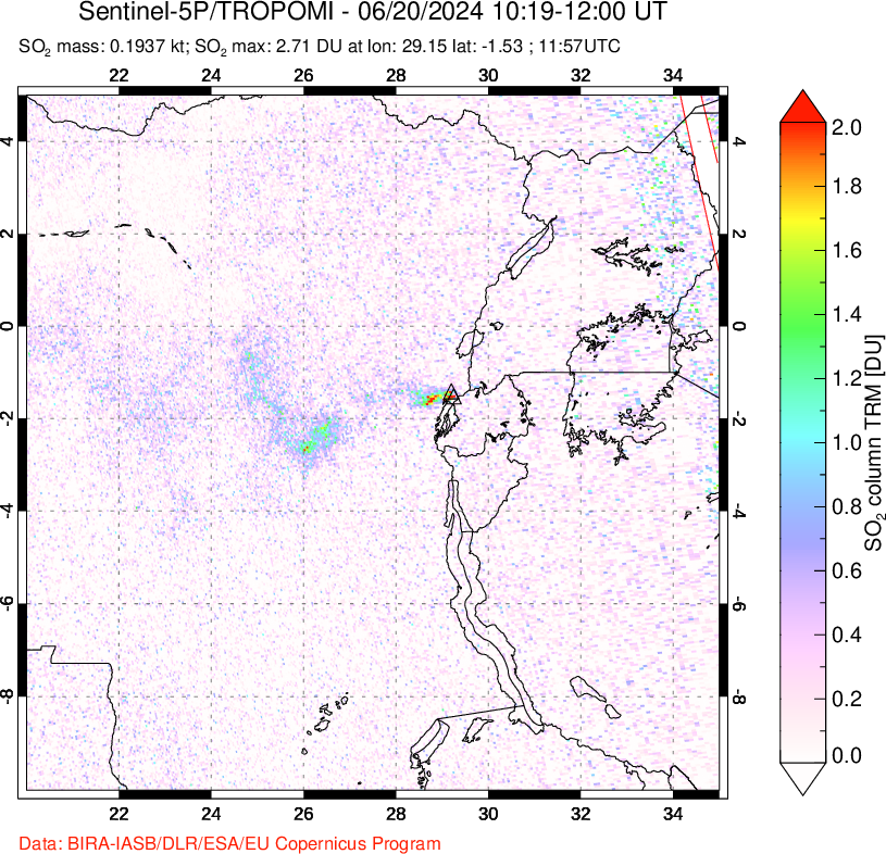 A sulfur dioxide image over Nyiragongo, DR Congo on Jun 20, 2024.