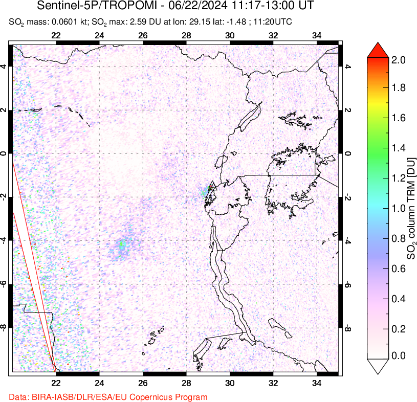 A sulfur dioxide image over Nyiragongo, DR Congo on Jun 22, 2024.