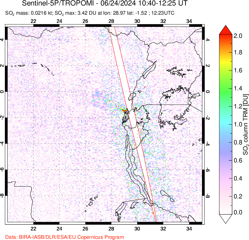 A sulfur dioxide image over Nyiragongo, DR Congo on Jun 24, 2024.