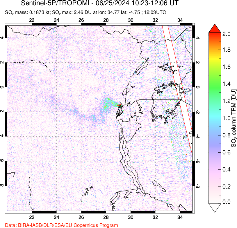 A sulfur dioxide image over Nyiragongo, DR Congo on Jun 25, 2024.