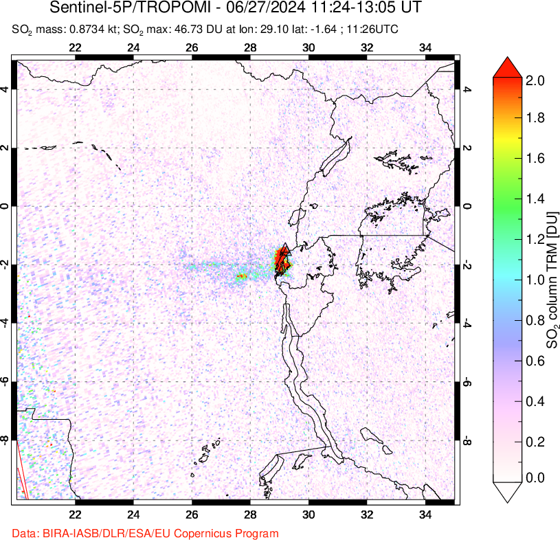 A sulfur dioxide image over Nyiragongo, DR Congo on Jun 27, 2024.