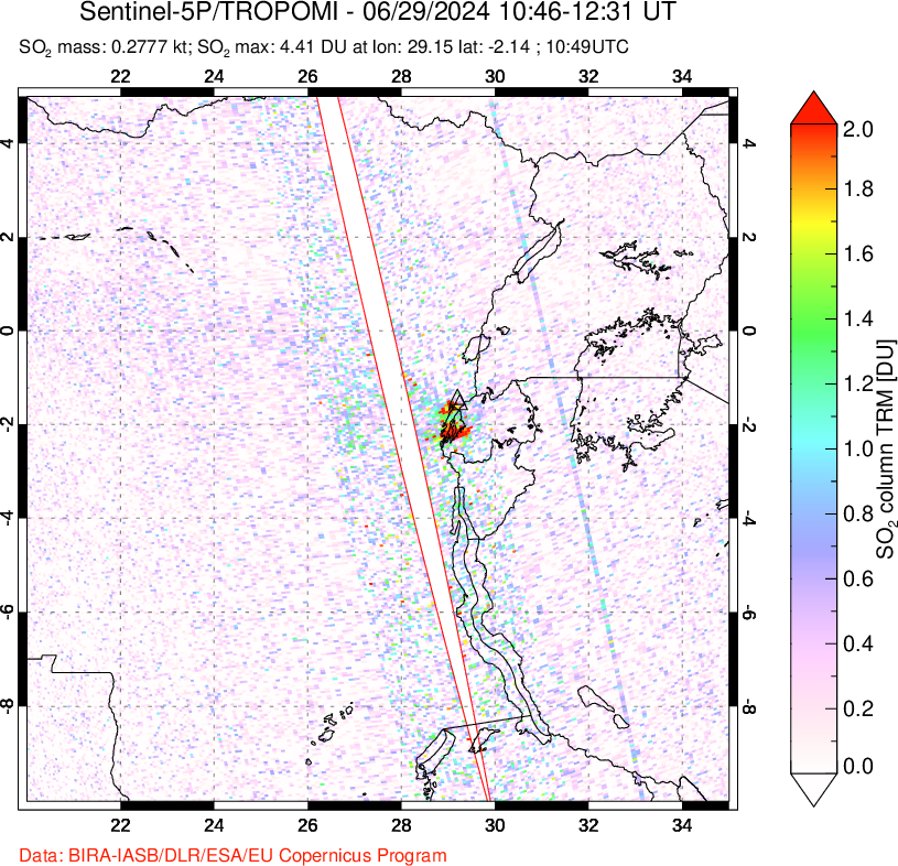 A sulfur dioxide image over Nyiragongo, DR Congo on Jun 29, 2024.