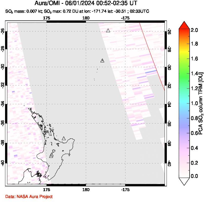 A sulfur dioxide image over New Zealand on Jun 01, 2024.