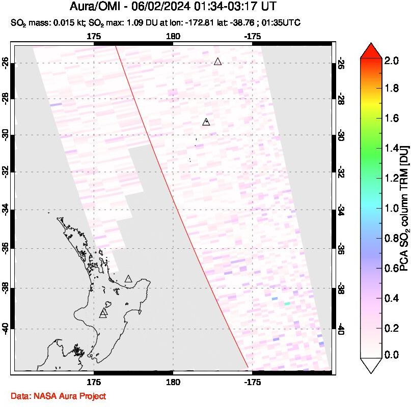 A sulfur dioxide image over New Zealand on Jun 02, 2024.