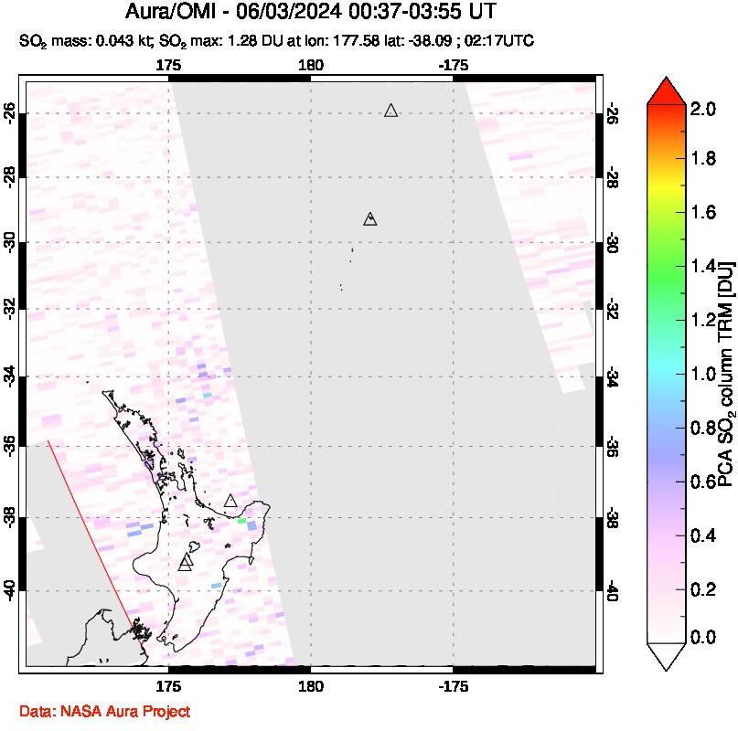 A sulfur dioxide image over New Zealand on Jun 03, 2024.