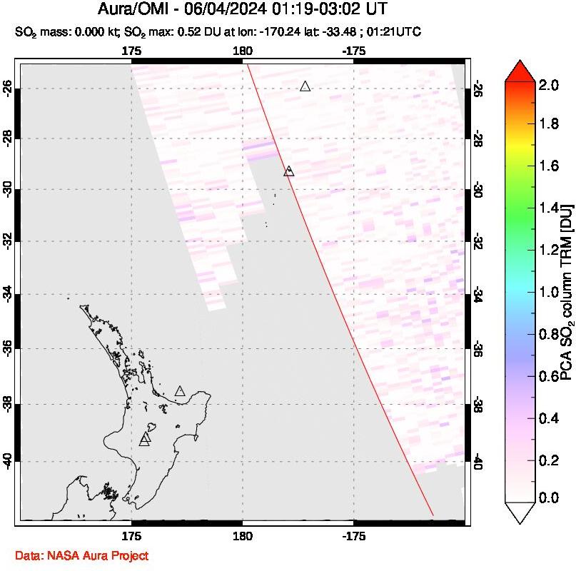 A sulfur dioxide image over New Zealand on Jun 04, 2024.