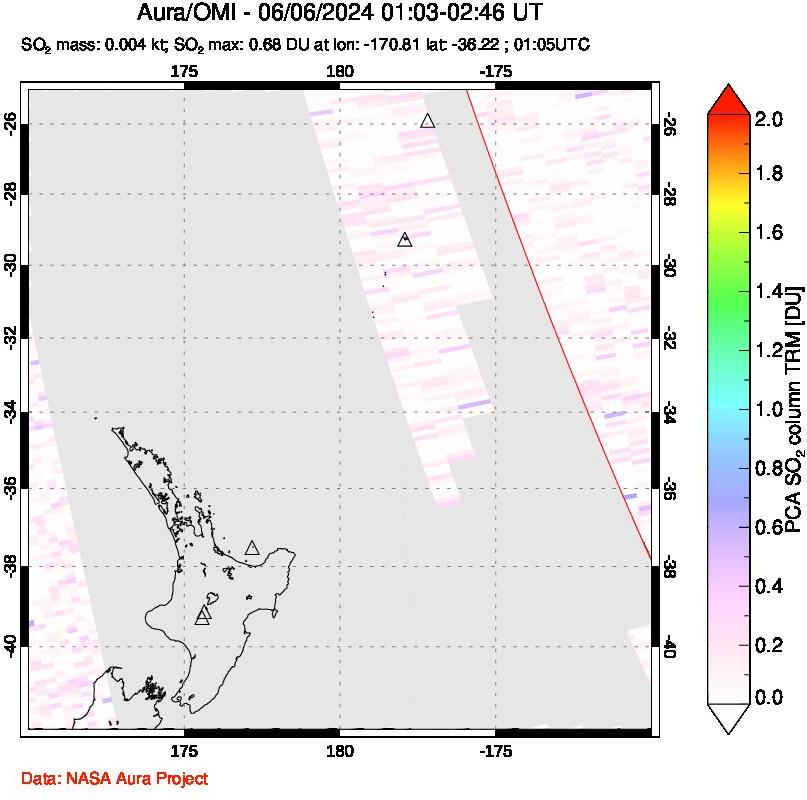 A sulfur dioxide image over New Zealand on Jun 06, 2024.