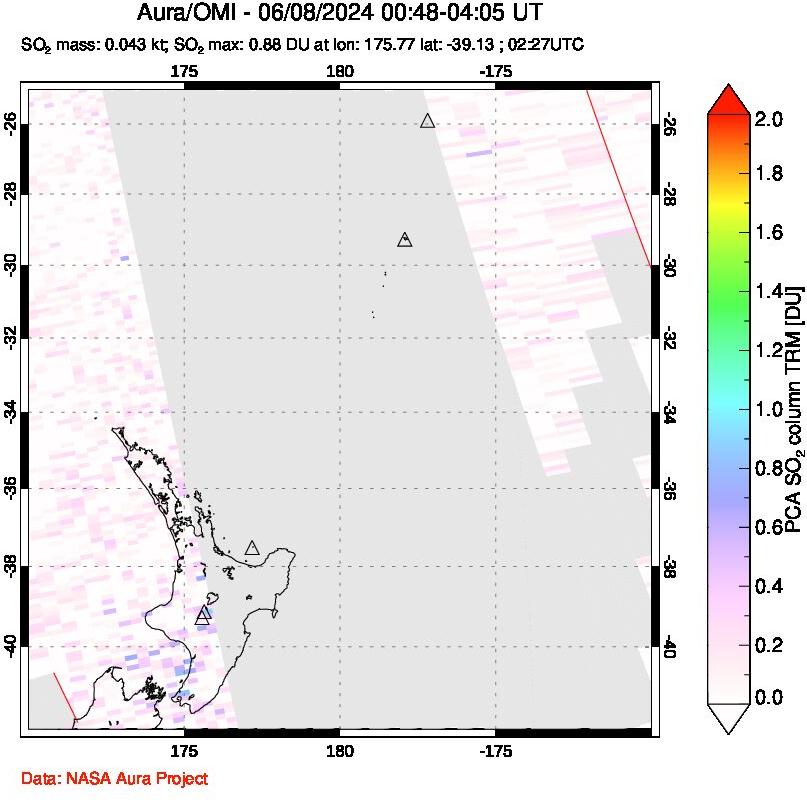 A sulfur dioxide image over New Zealand on Jun 08, 2024.