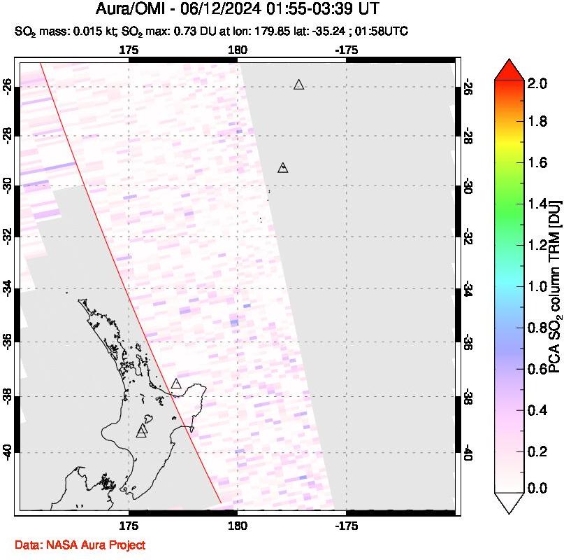 A sulfur dioxide image over New Zealand on Jun 12, 2024.