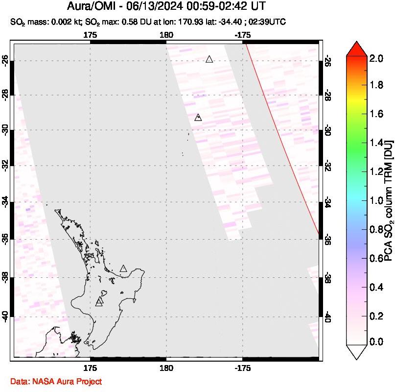 A sulfur dioxide image over New Zealand on Jun 13, 2024.