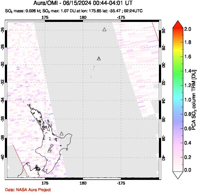 A sulfur dioxide image over New Zealand on Jun 15, 2024.