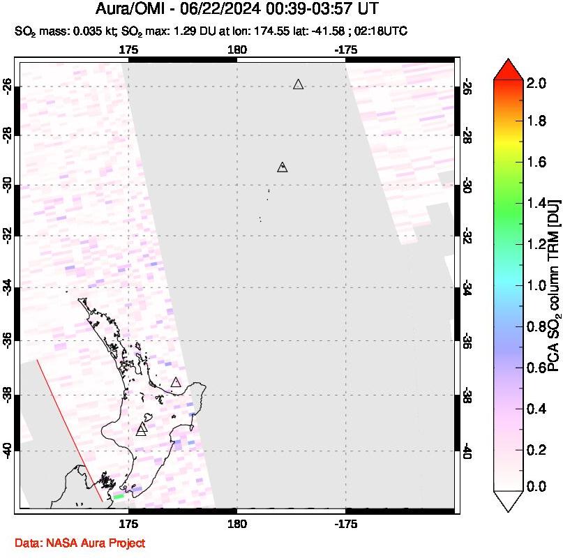 A sulfur dioxide image over New Zealand on Jun 22, 2024.