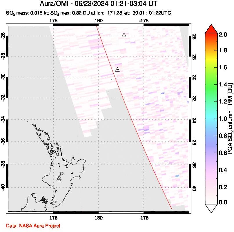 A sulfur dioxide image over New Zealand on Jun 23, 2024.