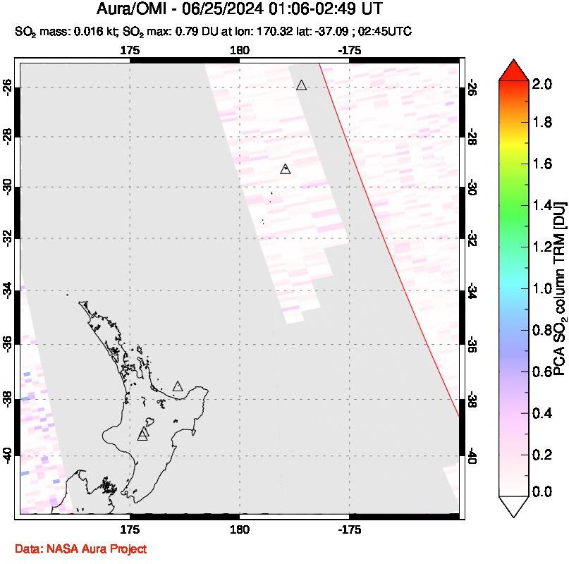 A sulfur dioxide image over New Zealand on Jun 25, 2024.