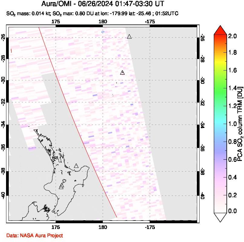 A sulfur dioxide image over New Zealand on Jun 26, 2024.