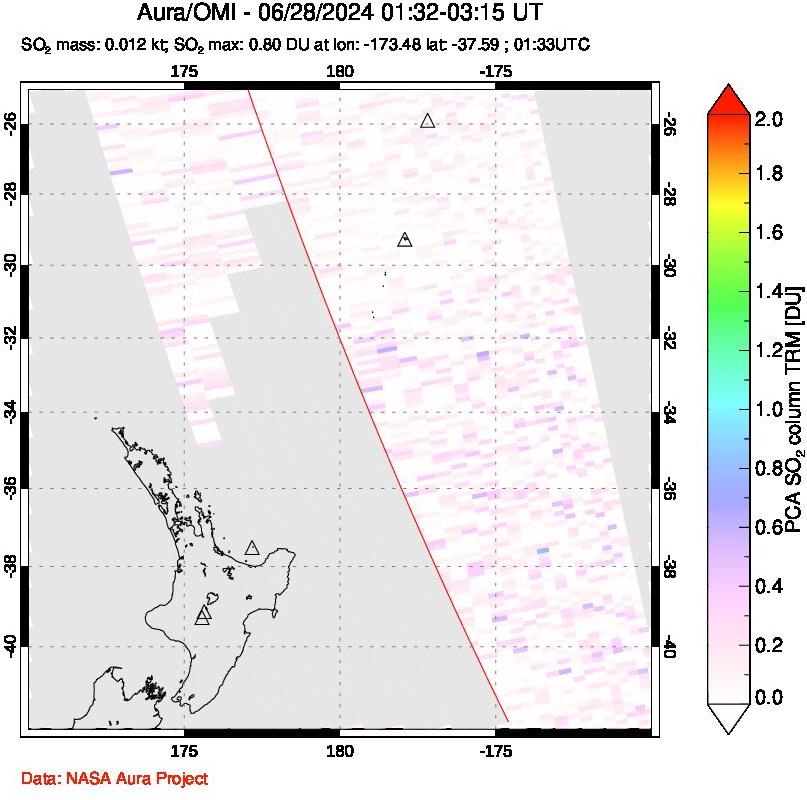 A sulfur dioxide image over New Zealand on Jun 28, 2024.