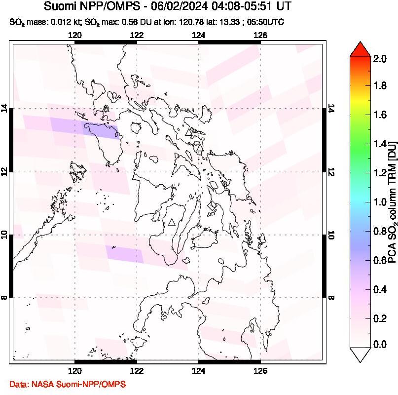 A sulfur dioxide image over Philippines on Jun 02, 2024.