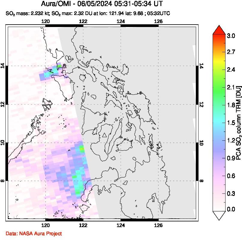 A sulfur dioxide image over Philippines on Jun 05, 2024.